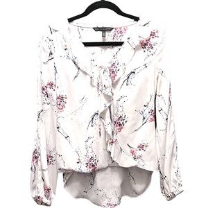 WHBM Soft White Floral Wrap Blouse